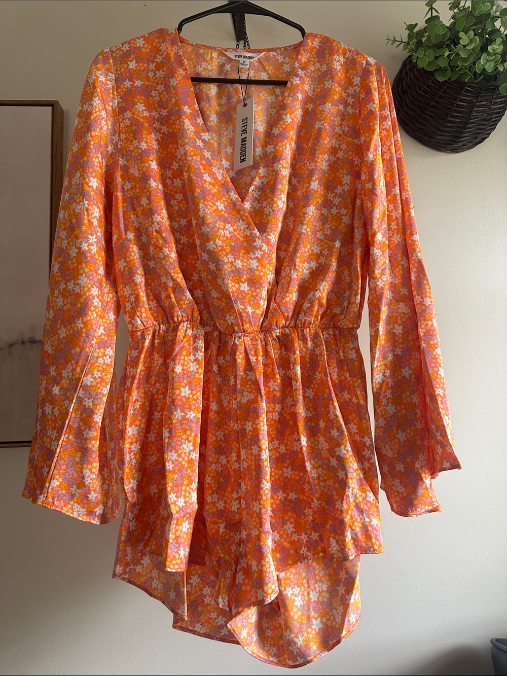 Steve Madden Orange Floral Wrap-Front Romper